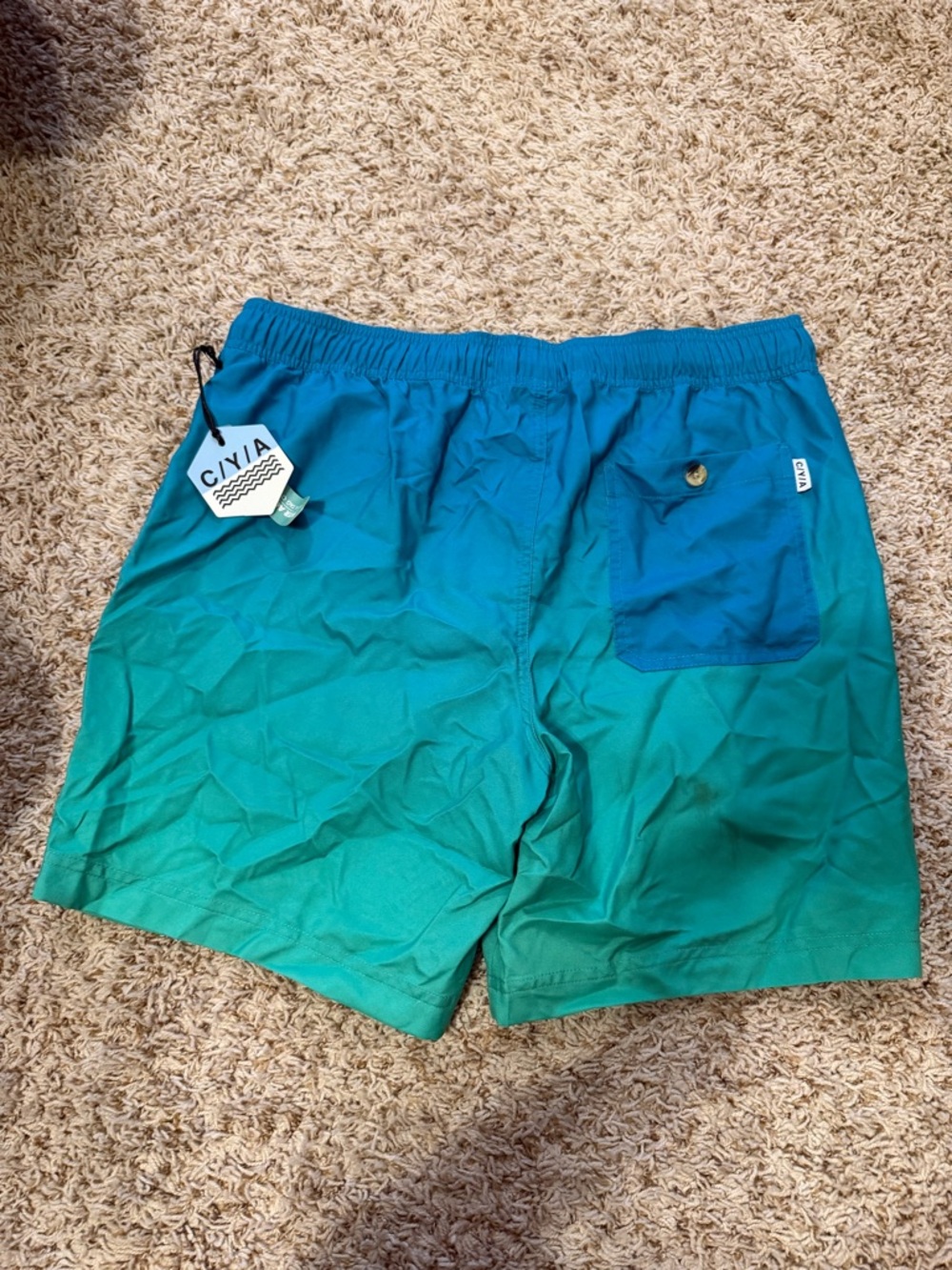 Men's Ombre Teal-Aqua Swim Trunks with Drawstring - Picture 4 of 4